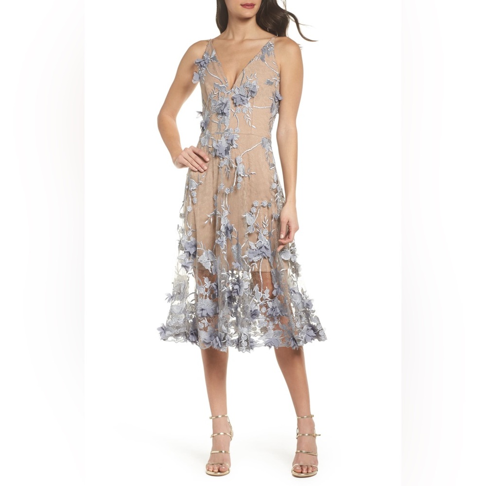 NWT Dress the Population Audrey Embroidered Fit & Flare Midi Dress, size M